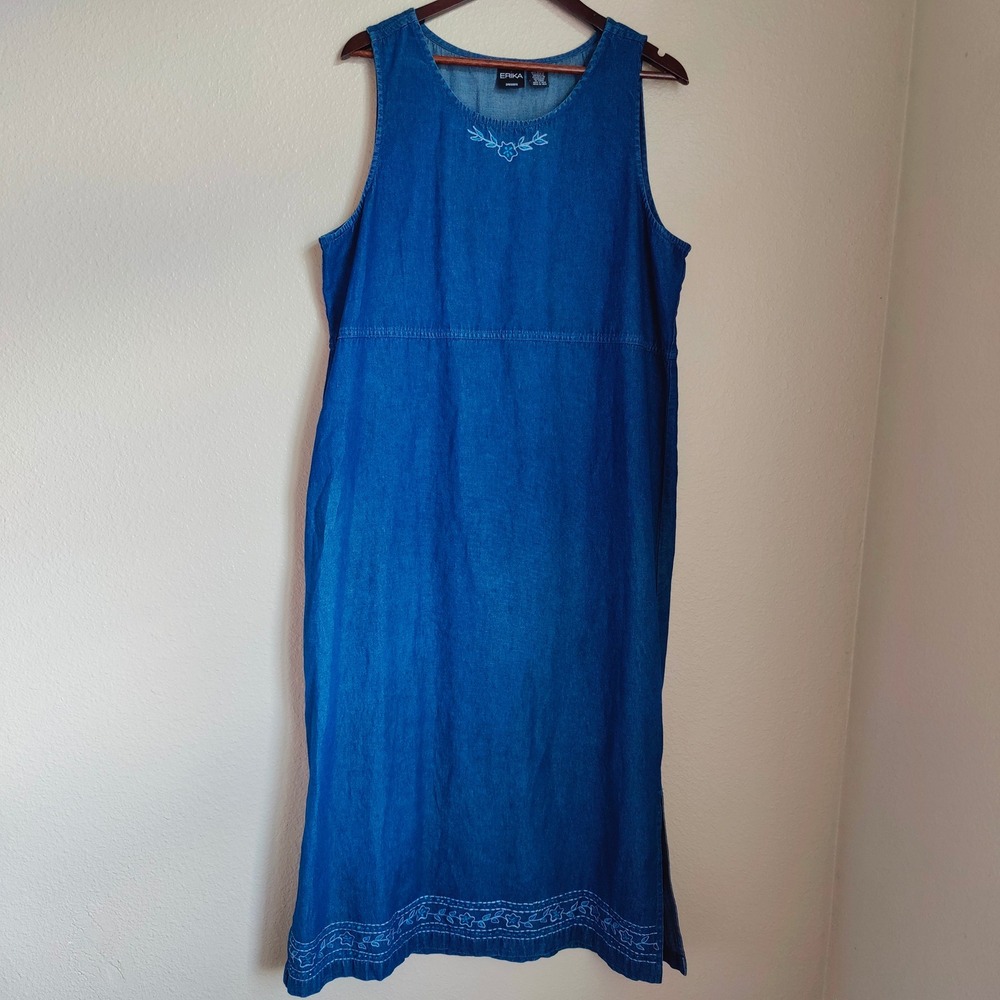 Erika Vintage 90s Denim Pinafore Jumper Dress Maxi Embroidered XL Cottagecore